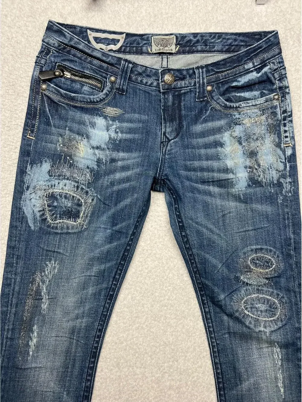 90s Y2k Express Rerock Distress Denim Jeans Womens 8 Embroidered Glam Rock
